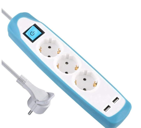 Удлинитель 3Р кабель ПВС 3G1,0 мм 2м с двумя USB разъемами белый/голубой в Лиде - изображение Изображение: удлинитель 3р кабель пвс 3g1,0 мм 2м с двумя usb разъемами белый/голубой в Лиде